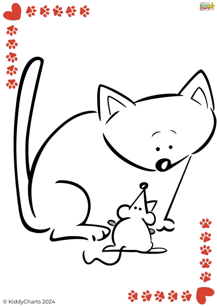 A simple black and white line drawing showing a cat looking curiously at a tiny mouse with a party hat, surrounded by paw print decorations.