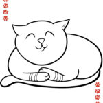A simple black and white coloring page featuring a content, smiling cat with closed eyes surrounded by a border of heart and paw print motifs.