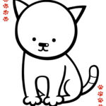 This image shows a simple, cute cartoon cat with large eyes, prominent whiskers, and paw prints adorning the border. It appears designed for children.