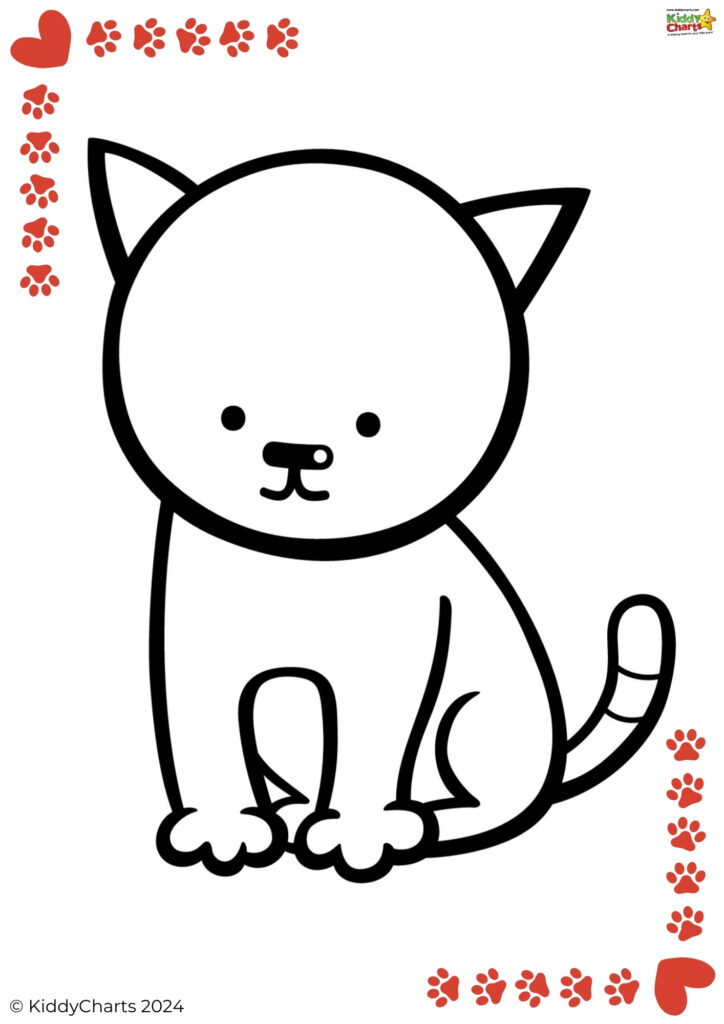 This image shows a simple, cute cartoon cat with large eyes, prominent whiskers, and paw prints adorning the border. It appears designed for children.