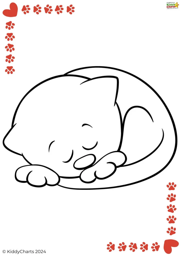 A black and white line drawing of a cute, smiling cat curled up and sleeping, adorned with heart and paw print decorations, likely a coloring page.