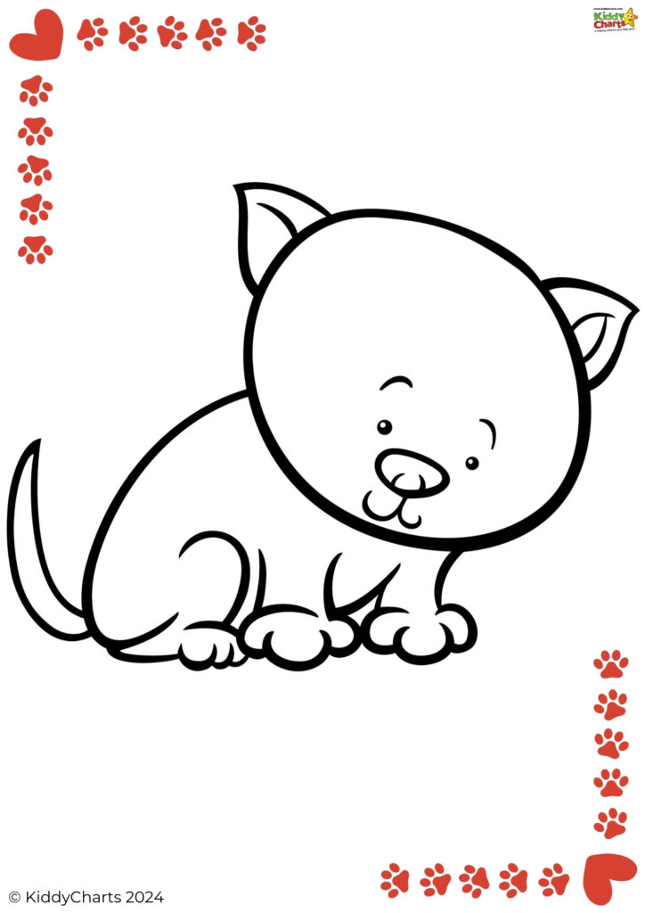 The image is a simple, cute cartoon of a seated dog with a heart and paw prints border above and to the right, possibly for coloring.
