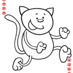 A joyful cartoon cat is depicted in a black and white coloring page, with a border of red paw prints and hearts at the top right.