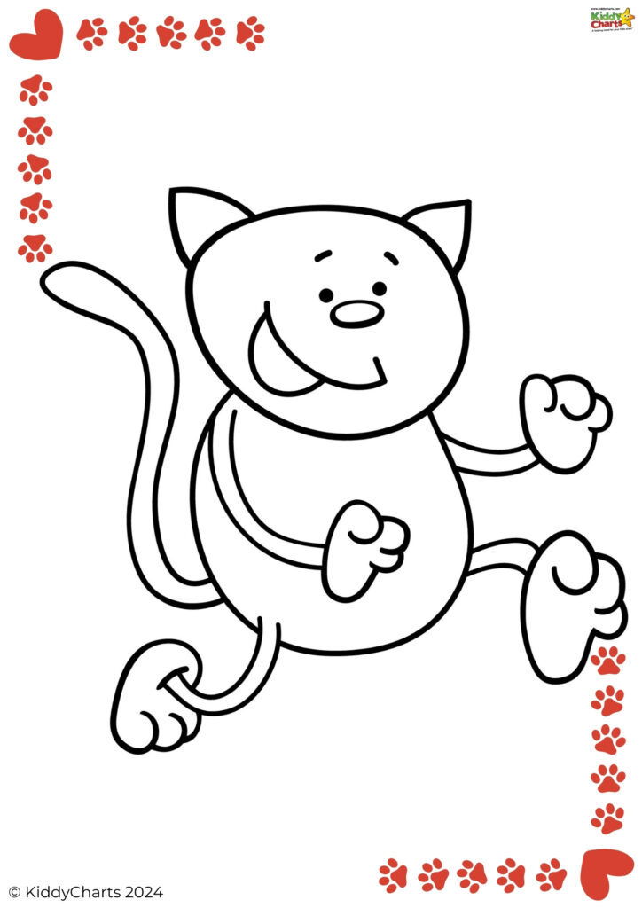 A joyful cartoon cat is depicted in a black and white coloring page, with a border of red paw prints and hearts at the top right.