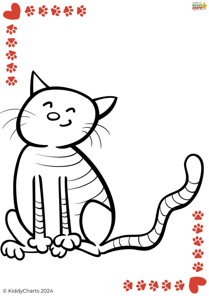This is a black and white line drawing of a smiling cartoon cat, with paw prints and a heart around the border, suitable for coloring.