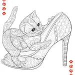 The image shows a high-heeled shoe with a detailed cat design inside, surrounded by paw print patterns. It's a black-and-white line art drawing, probably for coloring.
