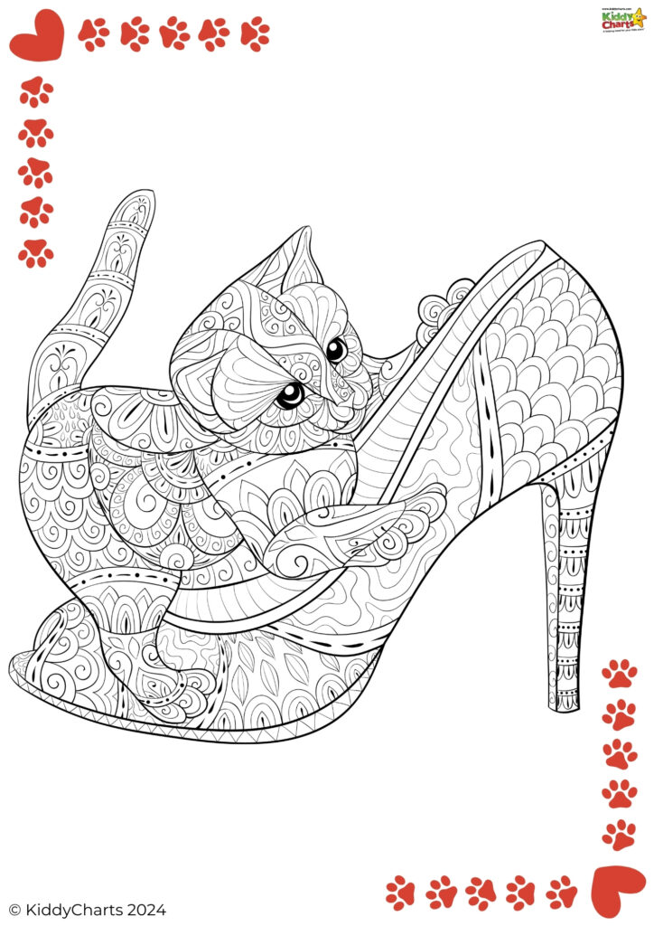 The image shows a high-heeled shoe with a detailed cat design inside, surrounded by paw print patterns. It's a black-and-white line art drawing, probably for coloring.