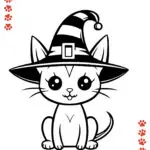 This is a black and white image of a cute cartoon cat wearing a witch's hat with striped accents and a bell. There are paw prints around the border.