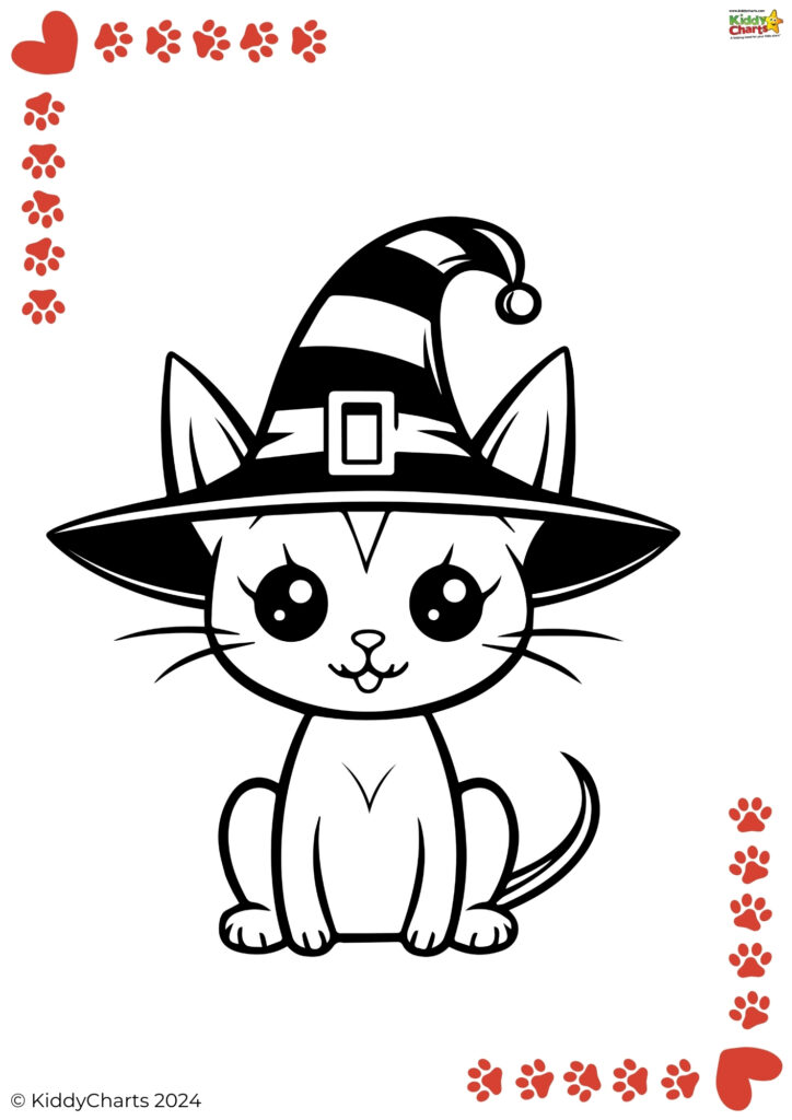 This is a black and white image of a cute cartoon cat wearing a witch's hat with striped accents and a bell. There are paw prints around the border.