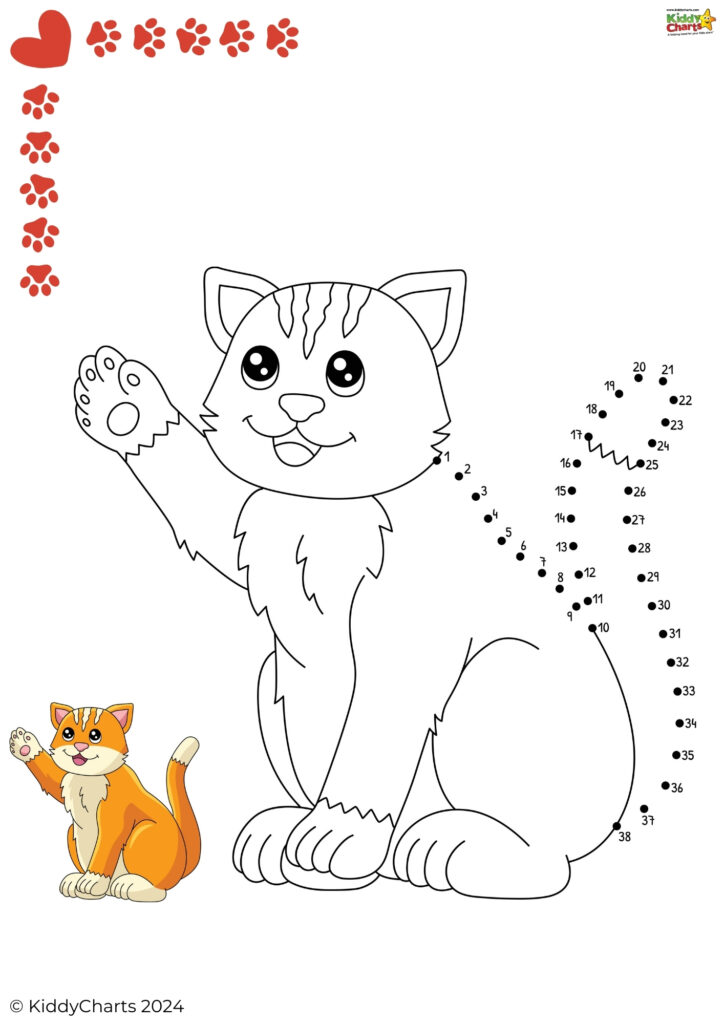 A coloring page featuring a large outlined cartoon cat with numbered dots for a connect-the-dots activity and a completed, colored smaller cat.