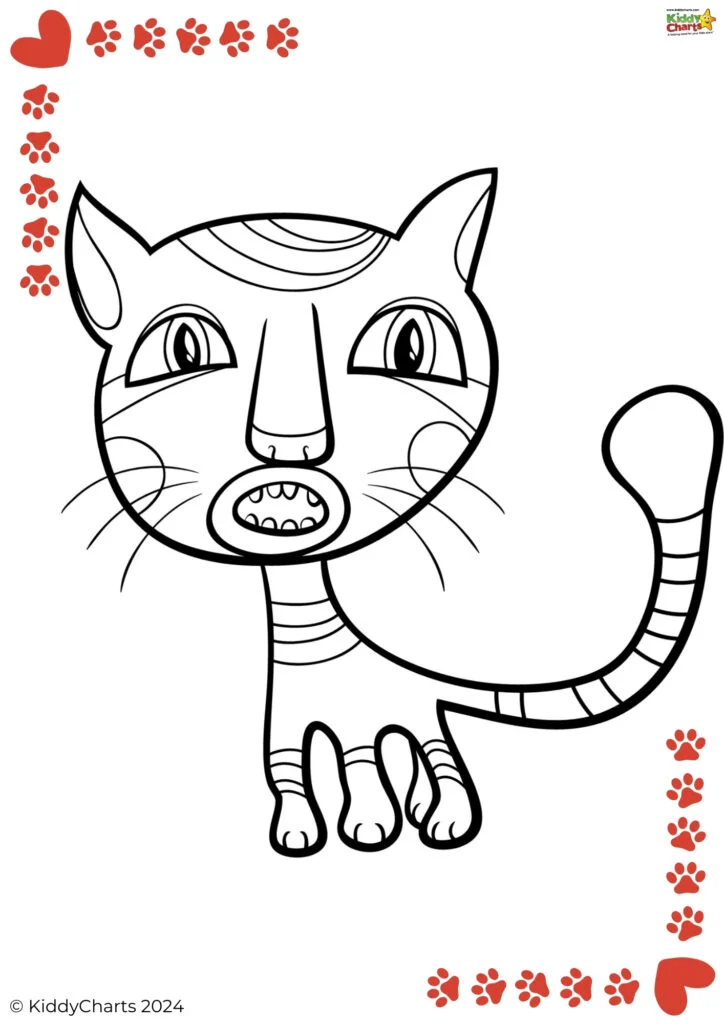 The image shows a black and white line drawing of a cartoon cat with stripes, surrounded by paw prints and hearts, likely for coloring activities.