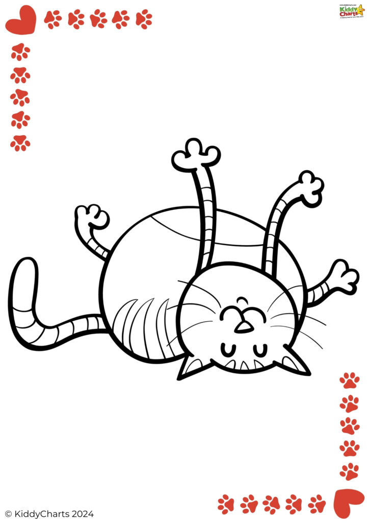 The image shows a black and white line drawing of a happy cat lying on its back, surrounded by red paw prints and a heart symbol.