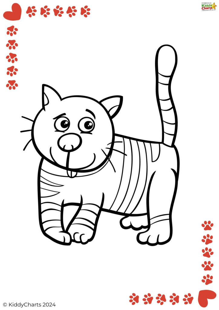 The image is a black and white coloring page featuring a cartoon cat with stripes, standing with paw prints and a heart decoration around the border.
