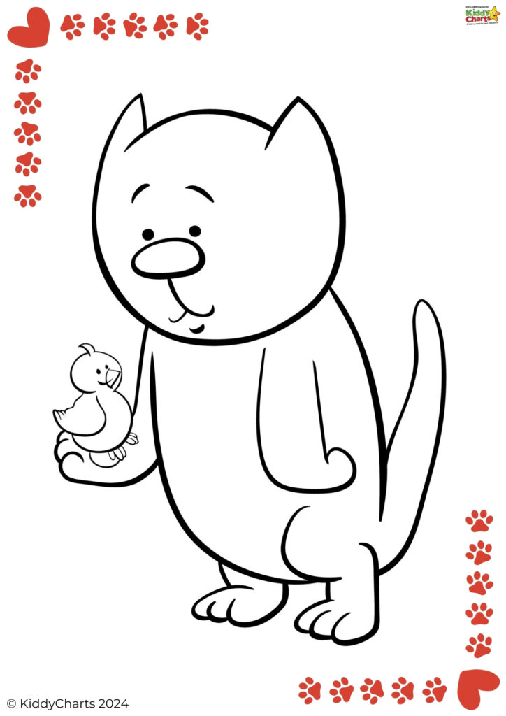 A black and white line drawing depicts a smiling cat holding a small chick. Red paw prints and hearts adorn the corners. It's labeled "KiddyCharts 2024".