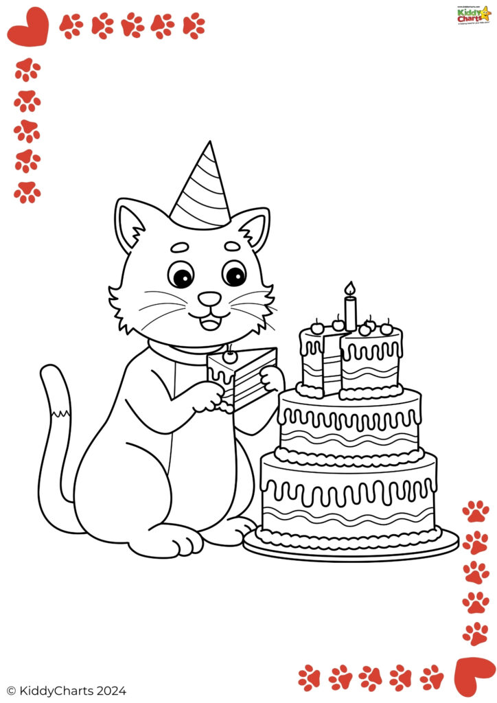 A black and white coloring page featuring an adorable cartoon cat wearing a party hat next to a three-tiered birthday cake with candles. Paw prints decorate the page.