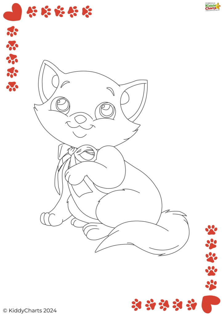 This is a simple line drawing of a cute cat with a bow tie, intended as a coloring page for children, surrounded by decorative paw prints.