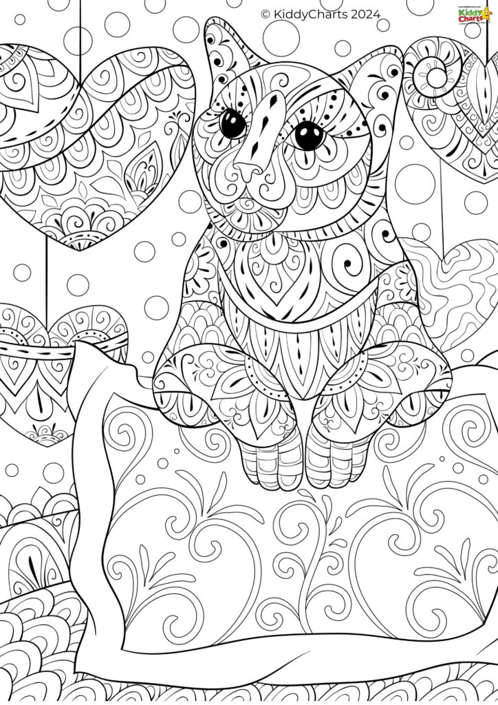 A black and white coloring page featuring a detailed, patterned owl with intricate designs surrounded by whimsical shapes and floral motifs.