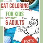 This image features an advertisement for a free cat coloring book for kids and adults, with a sample coloring page and cat-related toys and food.
