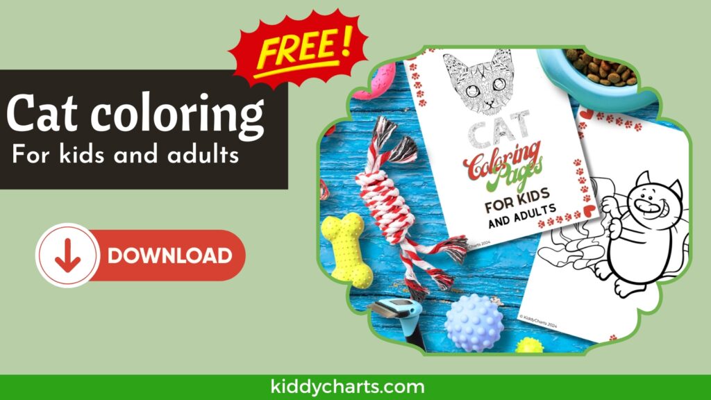 The image advertises free cat coloring pages for kids and adults, featuring cat toys, a sample coloring sheet, and a download button at kiddycharts.com.