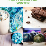 Promotional image for children's birthday party ideas in winter, featuring hot chocolate, a blue cupcake, broken chocolate, and bowling balls. "Learn More" call-to-action button included.