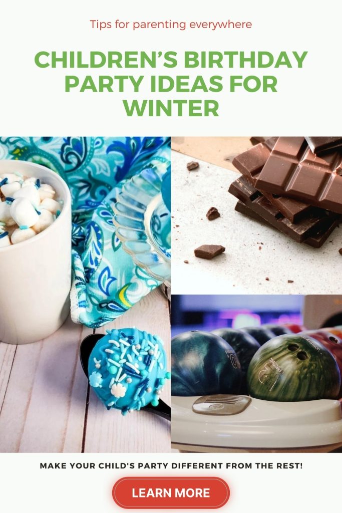 Promotional image for children's birthday party ideas in winter, featuring hot chocolate, a blue cupcake, broken chocolate, and bowling balls. "Learn More" call-to-action button included.