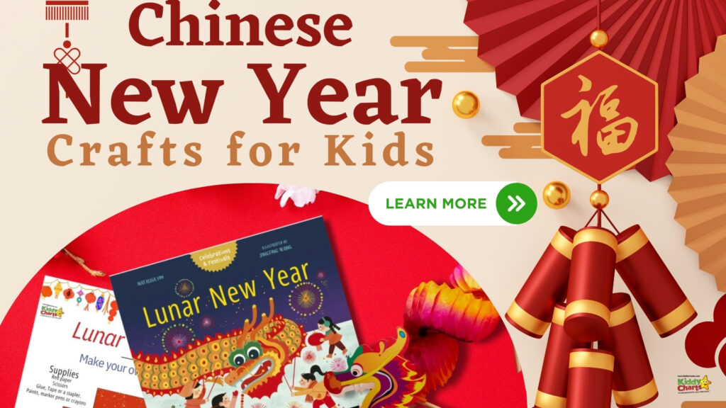 The image showcases a Chinese New Year themed crafts project for kids with decorative elements like lanterns, a dragon, and fireworks artwork. "Learn More" button included.