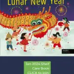The image shows an illustrated book cover about Lunar New Year with a colorful dragon, children, fireworks, and festive decorations. The style is cartoonish and vibrant.