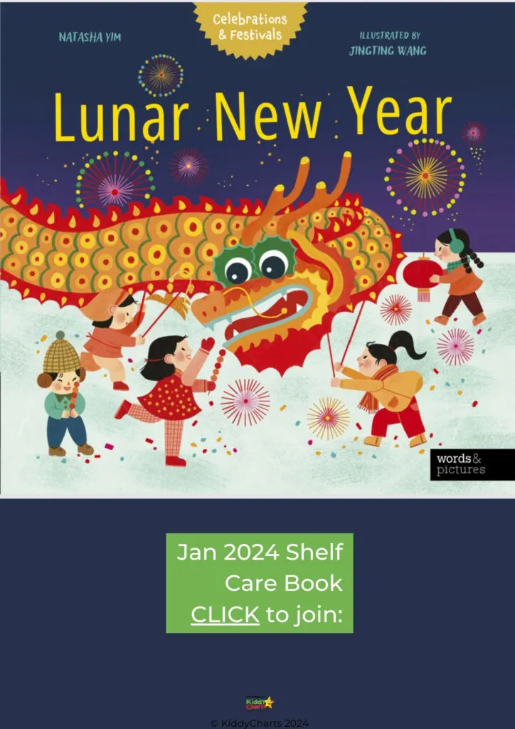 The image shows an illustrated book cover about Lunar New Year with a colorful dragon, children, fireworks, and festive decorations. The style is cartoonish and vibrant.