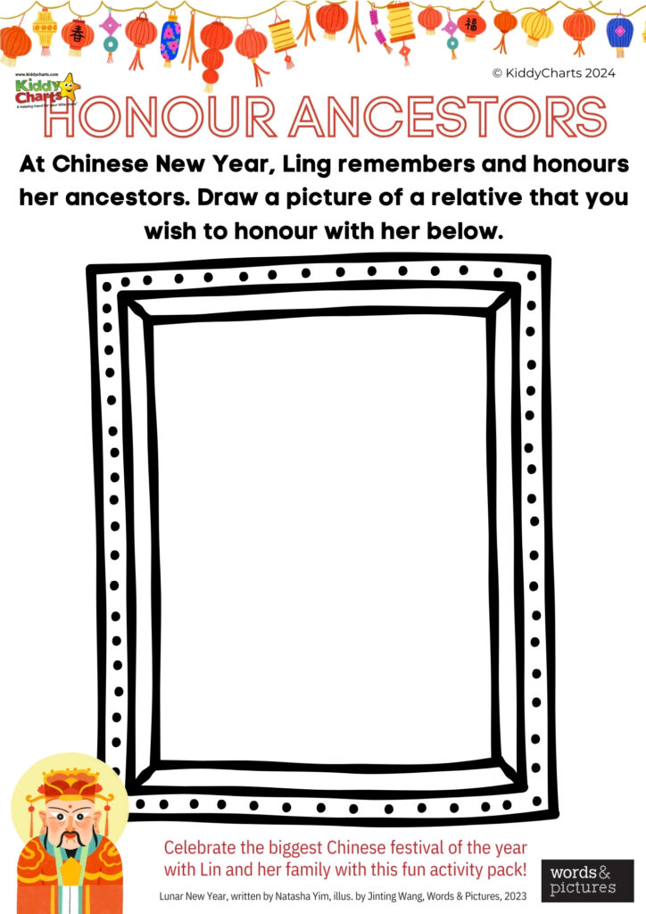 An activity sheet with a blank frame for drawing, celebrating Chinese New Year by honoring ancestors, decorated with lanterns and a Chinese character illustration.