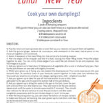 This image contains a festive recipe for Lunar New Year dumplings with ingredients and directions, decorated with lantern illustrations and labeled for KiddyCharts 2024.