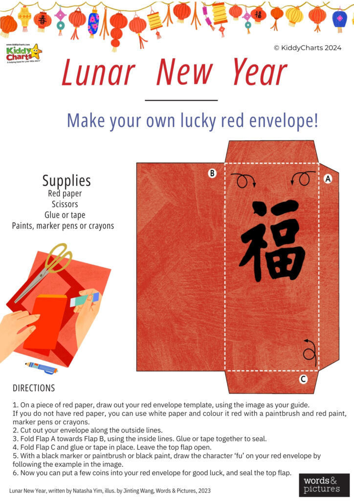 This image displays a craft activity guide for making a lucky red envelope to celebrate Lunar New Year, with instructions, required supplies, and illustrations.