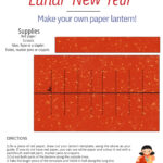 This image is an instructional poster on making a paper lantern for Lunar New Year, including a list of supplies, pattern, and steps, with an illustration of a child.