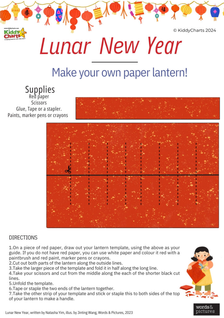 This image is an instructional poster on making a paper lantern for Lunar New Year, including a list of supplies, pattern, and steps, with an illustration of a child.