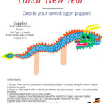 This image is a colorful craft instruction sheet for creating a dragon puppet to celebrate Lunar New Year, listing materials and step-by-step directions.