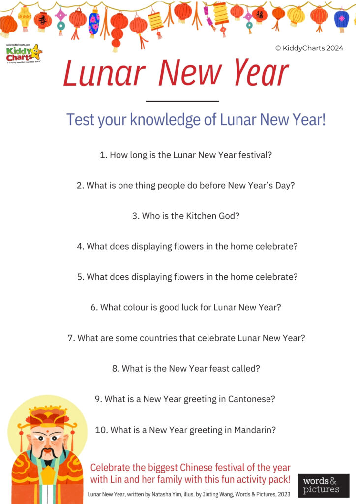 The image shows a colorful worksheet titled "Lunar New Year" with questions to test knowledge of the festival's traditions and customs, also promoting an activity pack.