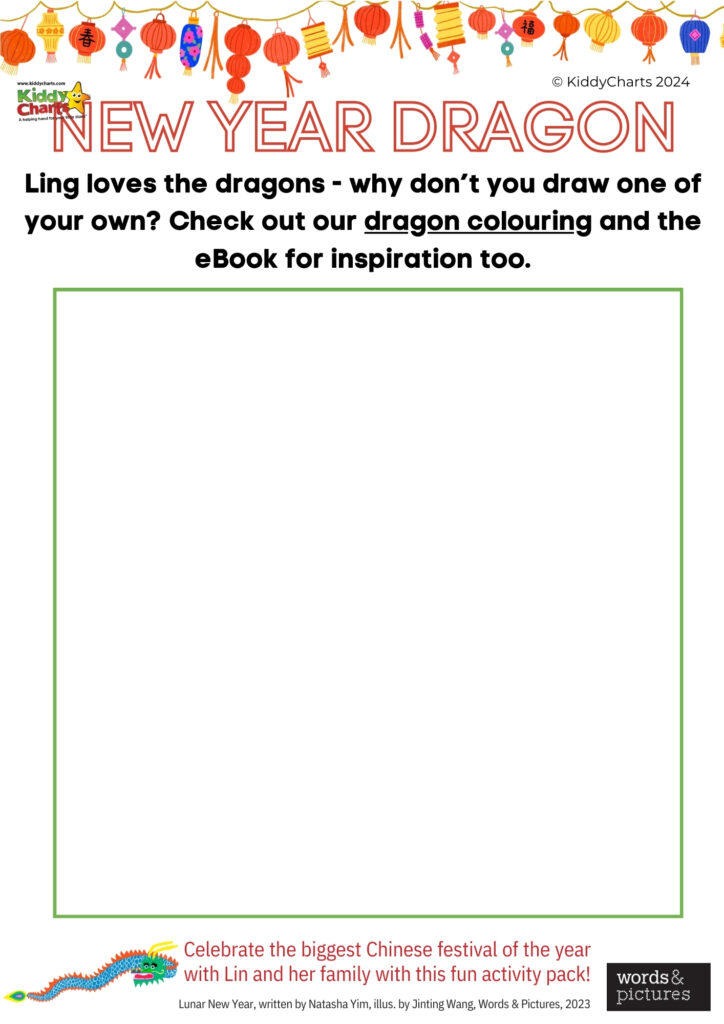 The image shows a colorful promotional graphic for a "New Year Dragon" coloring activity, suggesting to draw a dragon for inspiration, related to a Chinese festival.