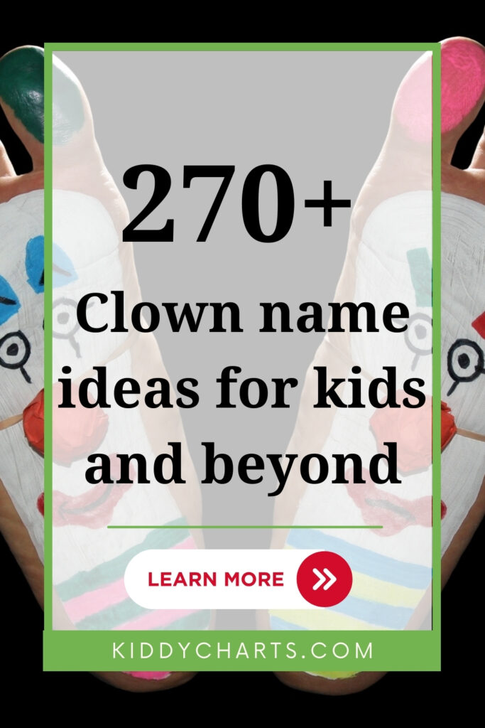 This image features a colorful graphic with text advertising "270+ Clown name ideas for kids and beyond," with a "Learn More" call-to-action button.