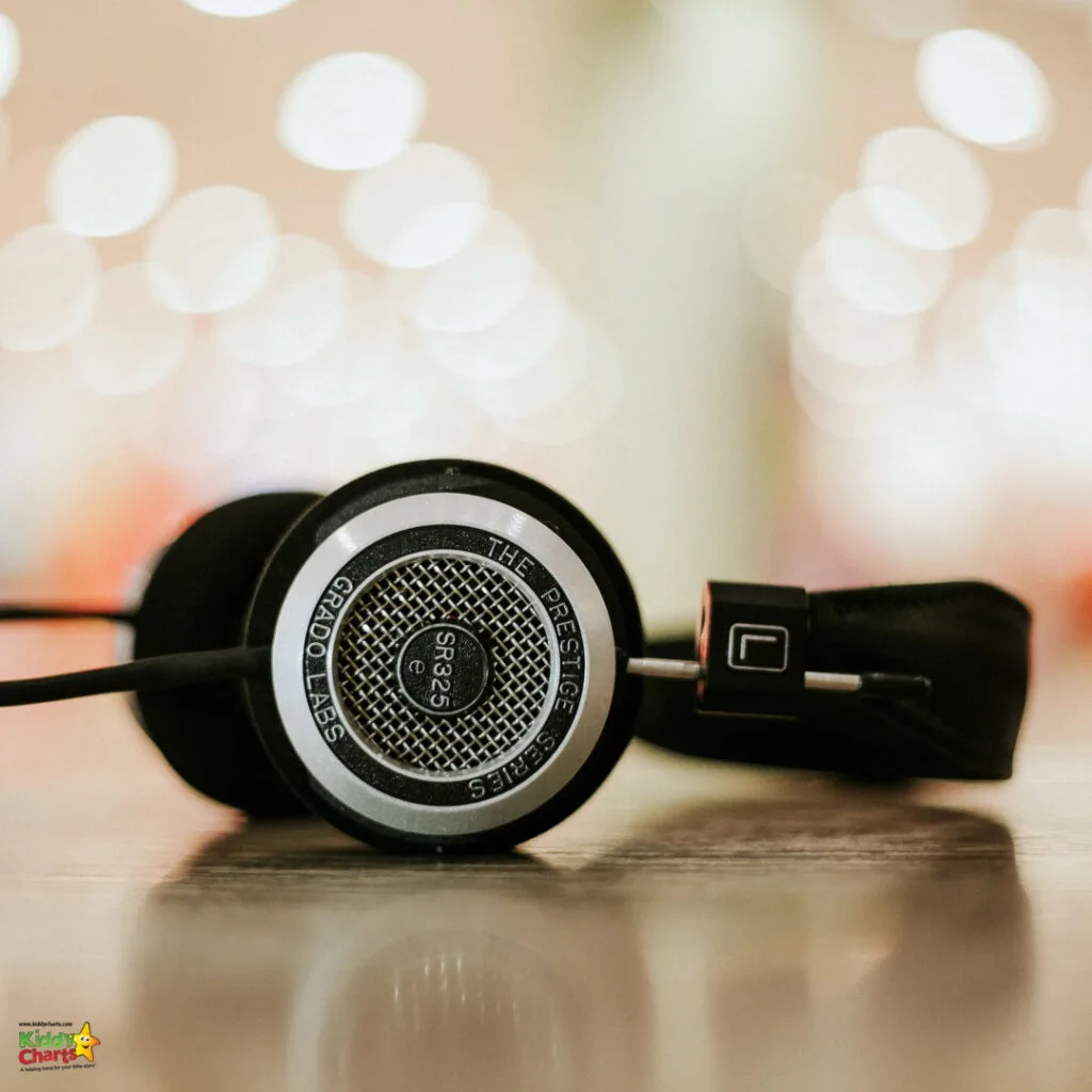 A pair of black headphones with "THE PRESTIGE SERIES" label lies on a surface, with a bokeh background creating a blurred light effect.