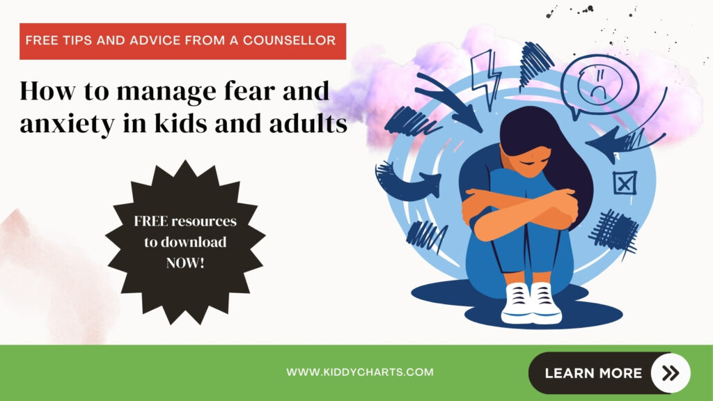 The image is a graphic ad offering tips on managing fear and anxiety for children and adults, highlighting free resources from a counsellor at KiddyCharts.