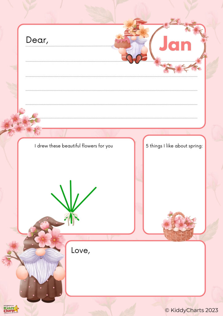 A pink-themed stationery template for children with spaces for writing, drawings, and a gnome illustration, designed for personalizing and sharing spring sentiments.