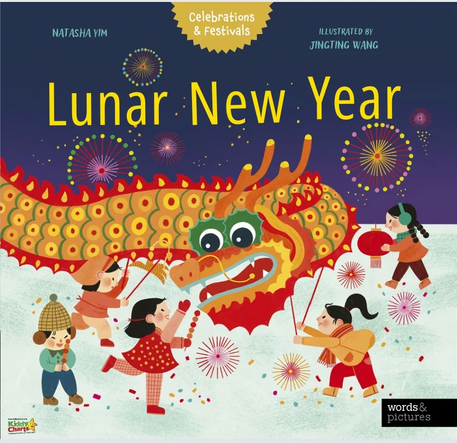 The image is a colorful illustration of a Lunar New Year celebration with a dragon dance, fireworks, and three people holding festive items.