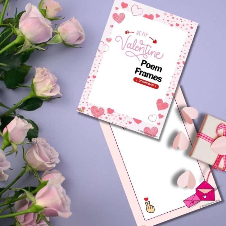 A photo features pink roses, a Valentine-themed paper, envelope, and a gift with a pink ribbon on a purple background, suggesting a romantic occasion.