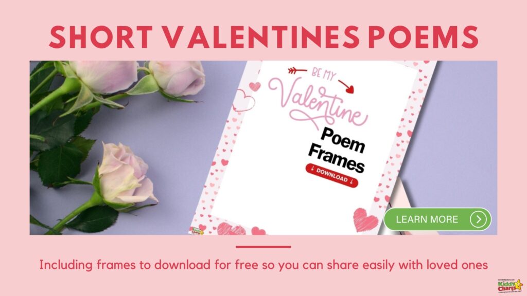 The image shows an advertisement for "Short Valentines Poems" including free downloadable poem frames, decorated with hearts and a pair of pink roses.