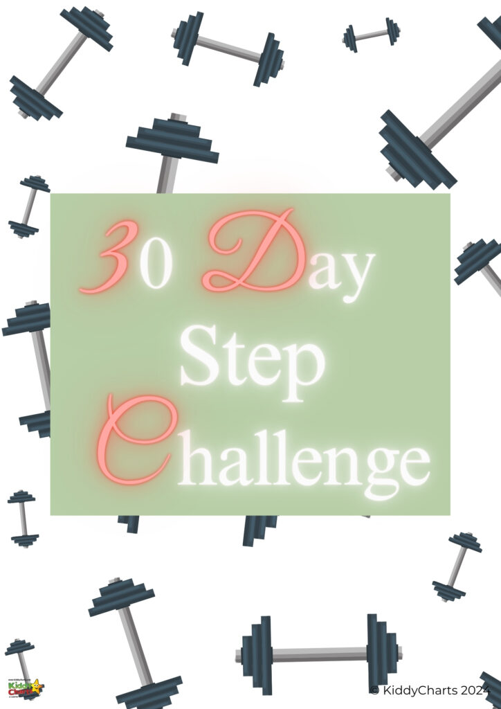 This image shows a poster or flyer for a "30 Day Step Challenge," decorated with cartoon barbell weights around the edges, emphasizing physical activity.