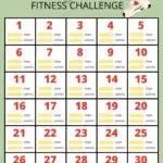 This is a colorful 30-Day Steps Fitness Challenge chart with numbered boxes for daily tracking, featuring sneaker illustrations and a green background.