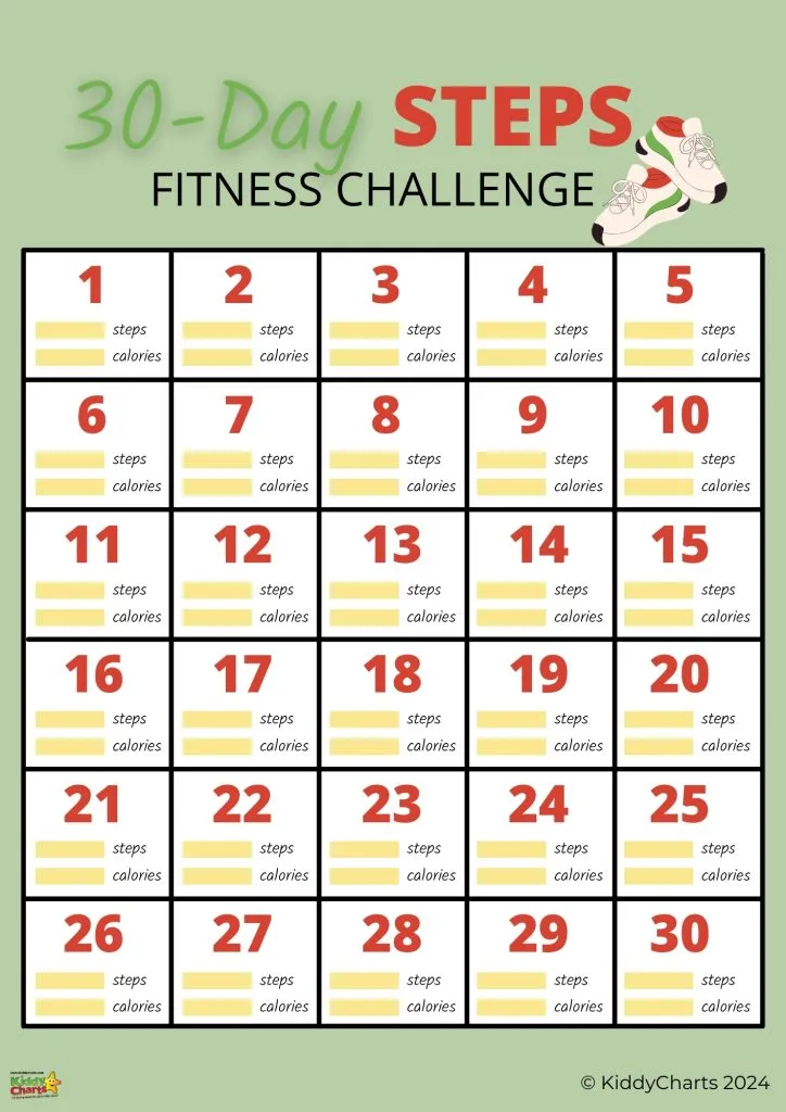 This is a colorful 30-Day Steps Fitness Challenge chart with numbered boxes for daily tracking, featuring sneaker illustrations and a green background.