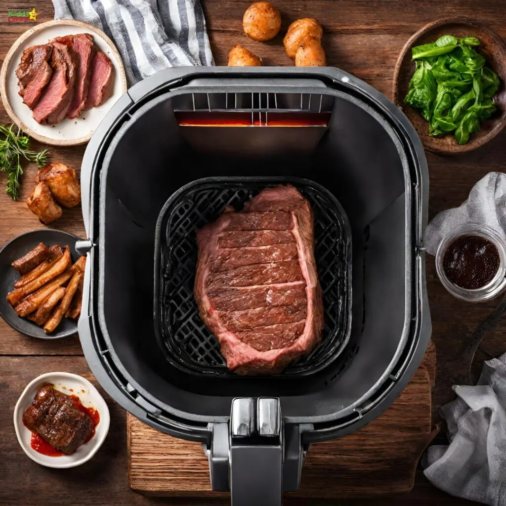 An uncooked steak is placed inside an air fryer. Surrounding the fryer are cooked dishes including sliced steak, sausages, potatoes, greens, and a dipping sauce.