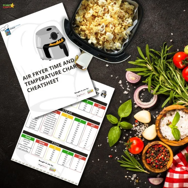 The image features an air fryer cooking time and temperature chart, popcorn in an air fryer basket, and various fresh herbs and spices.
