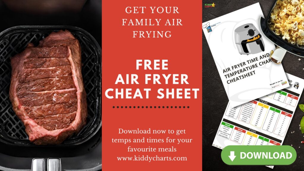 This image offers a free air fryer cheat sheet for family cooking, featuring a raw steak in an air fryer and a preview of the cheat sheet.