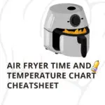 This is an illustrated cheatsheet showing a grey air fryer with fries inside and text stating "Air Fryer Time and Temperature Chart Cheatsheet."